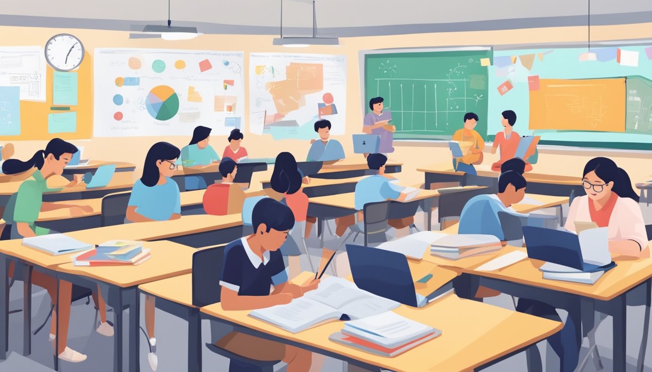 Students studying in a classroom with tutors, books, and whiteboards. Parents discussing tuition options outside. Singaporean flags on the walls