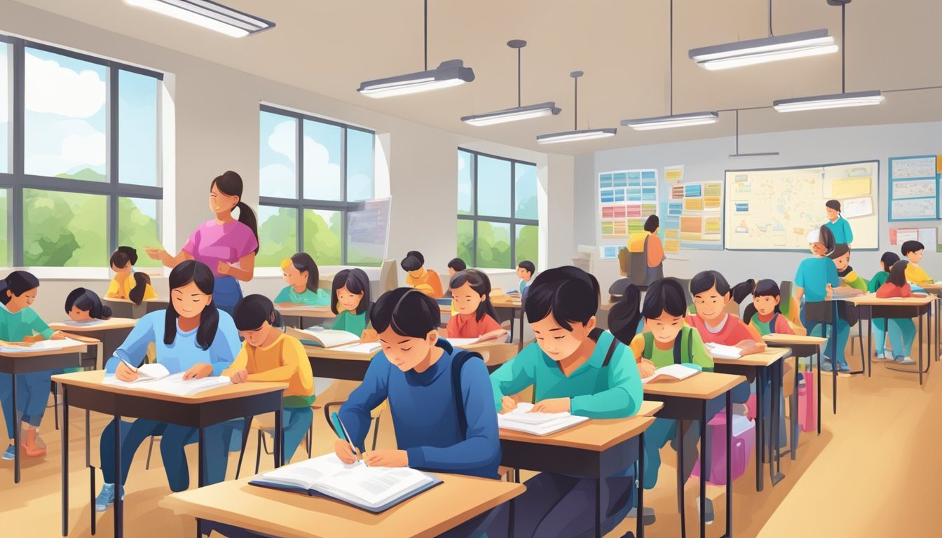 Quest Tuition Centre: Boosting Your Child's Academic Success A bustling tuition center with students studying, teachers instructing, and colorful educational materials displayed
