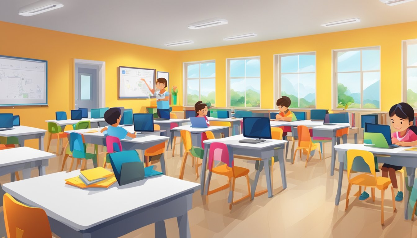 Quest Tuition Centre: Boosting Your Child's Academic Success A bright and welcoming tuition centre with colorful learning materials and interactive technology. The space is filled with eager students and dedicated teachers engaged in educational activities