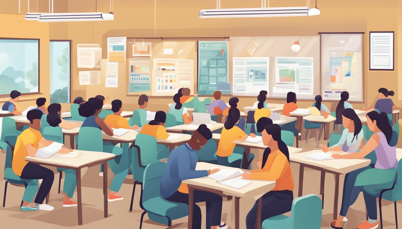 Quest Tuition Centre: Boosting Your Child's Academic Success A bustling tuition centre with a sign reading "Frequently Asked Questions quest" and students studying diligently