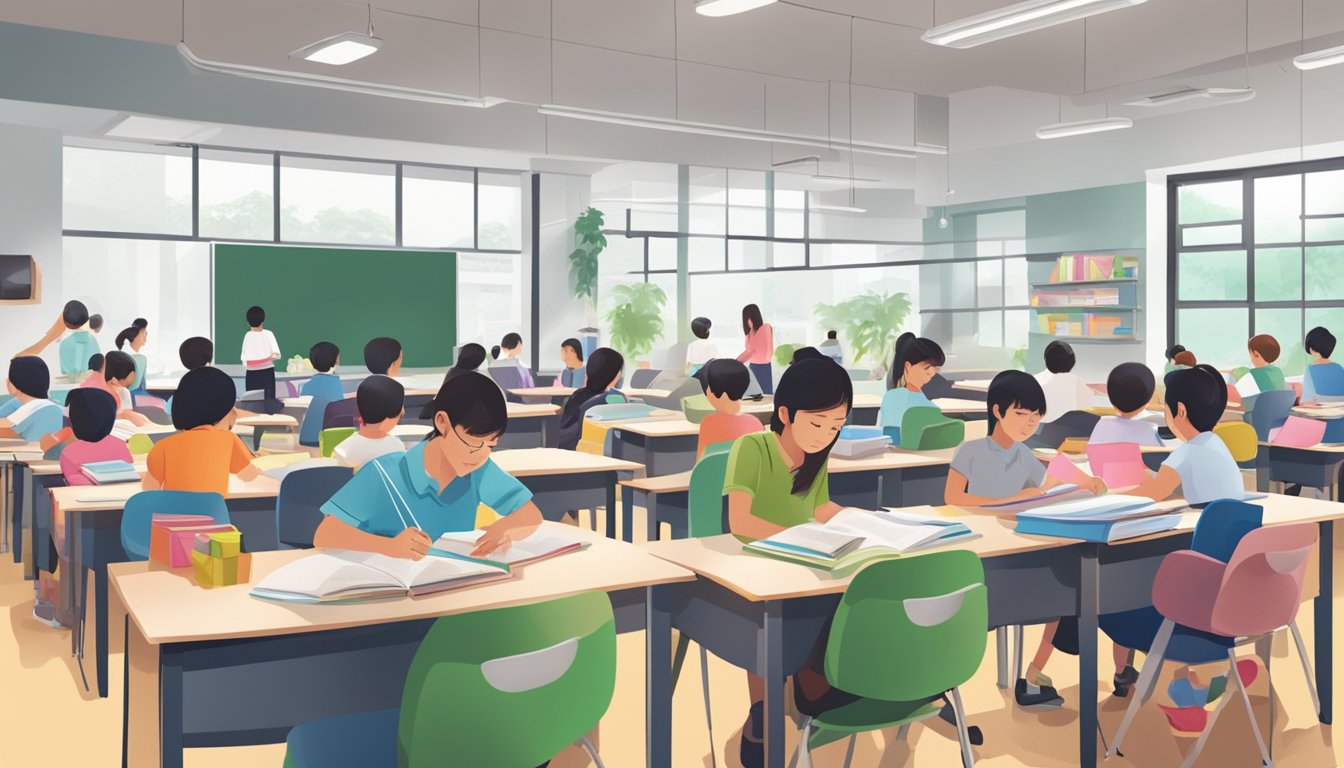 A bustling tuition centre in Sengkang, with students studying diligently at their desks while teachers move around offering guidance