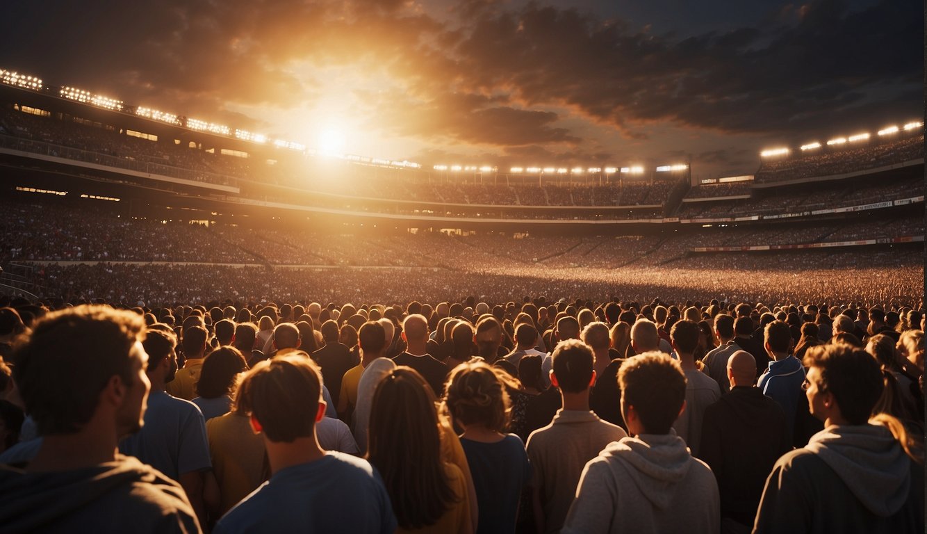 Fans eagerly line up outside the stadium, clutching their tickets and excitedly chatting about the upcoming game. The sun sets behind the arena, casting a warm glow on the bustling crowd