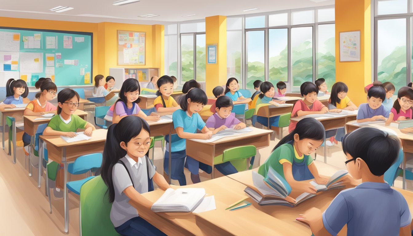 A bustling tuition centre with diverse learning materials and engaged students in Sengkang