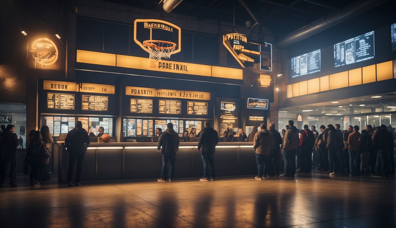 Fans flock to the ticket booth, eager for discounted basketball tickets. Signs advertise special events and promotions, drawing a crowd