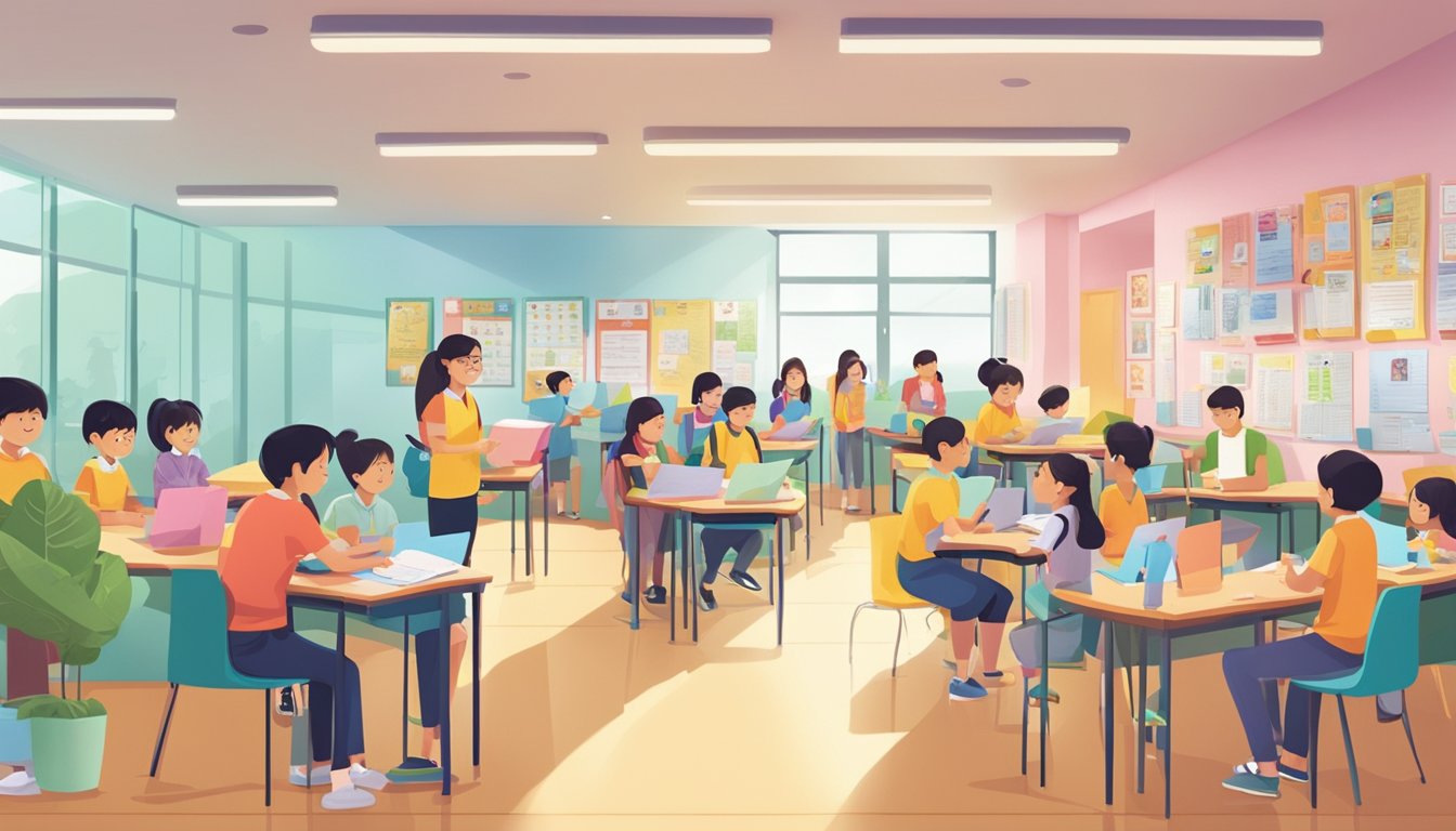 A busy tuition center in Sengkang, with students and parents asking questions at the front desk. Brightly colored posters and educational materials line the walls
