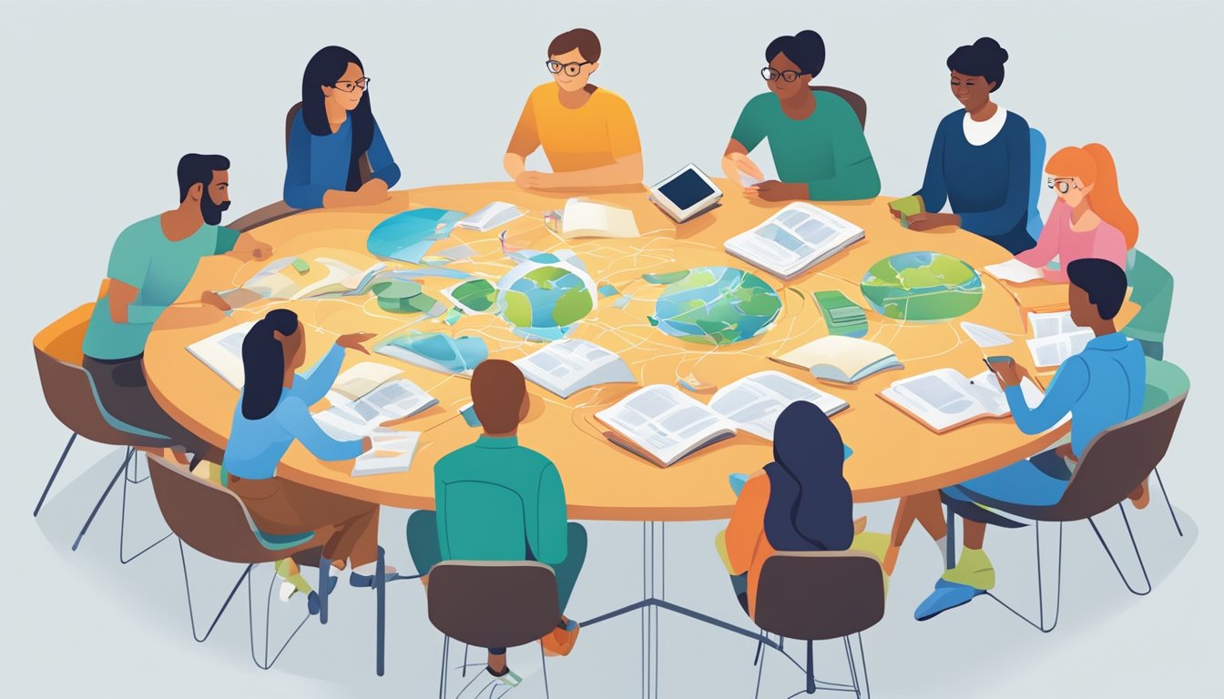 A colorful curriculum map spreads across a table, surrounded by various textbooks and educational resources. A group of learners engage in lively discussion, while a tutor reviews their progress