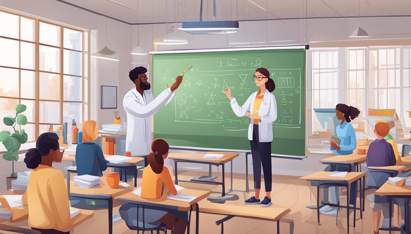 Chemistry tutor explains concepts, writes equations on whiteboard, students take notes, textbooks and lab equipment on desks