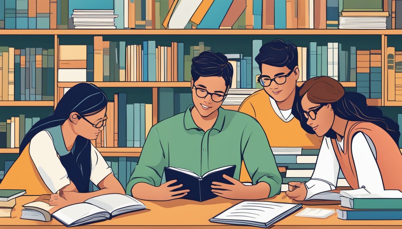 Learners engage in lively discussions, surrounded by books and study materials, while reflecting on their academic and personal growth