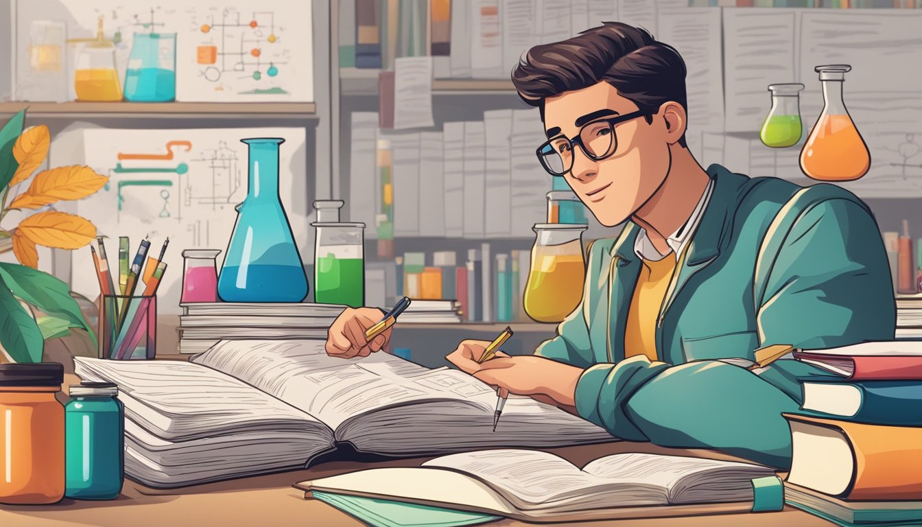 A student sits at a desk, surrounded by chemistry textbooks and notes. A tutor stands nearby, explaining chemical concepts with enthusiasm