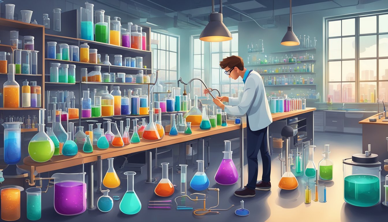 A student conducting experiments in a well-equipped chemistry lab, surrounded by beakers, test tubes, and various chemical compounds