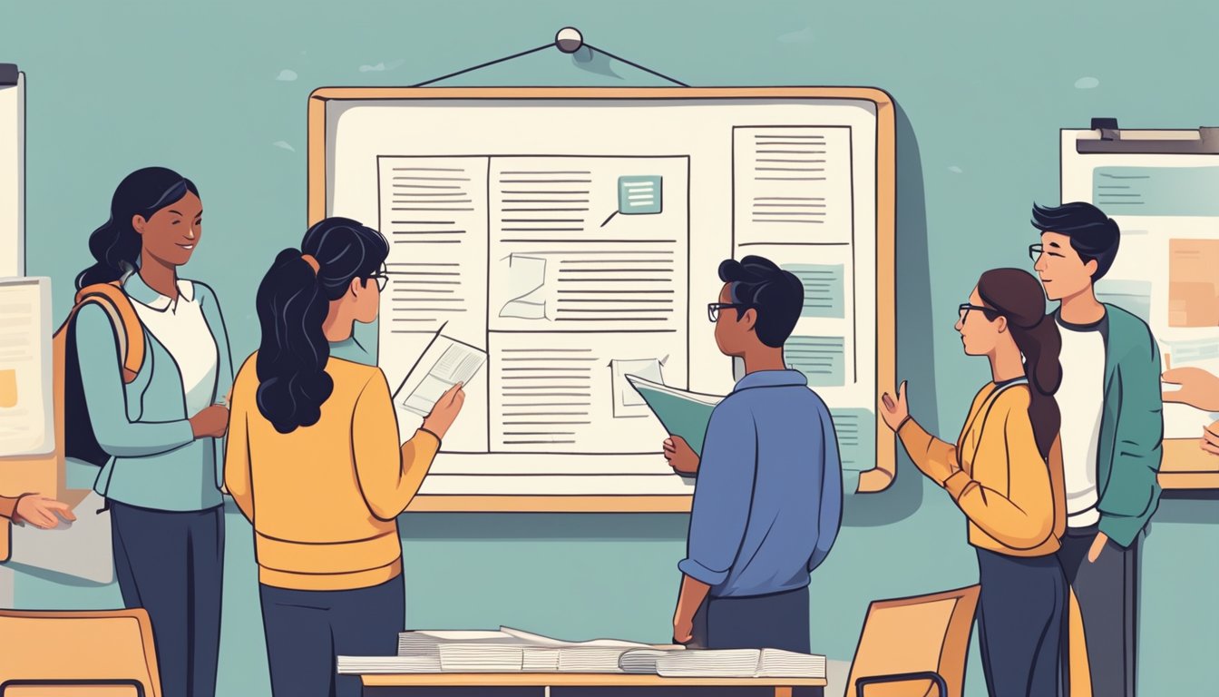 A group of people gather around a notice board, reading and discussing a list of frequently asked questions, learner reviews, and tuition information