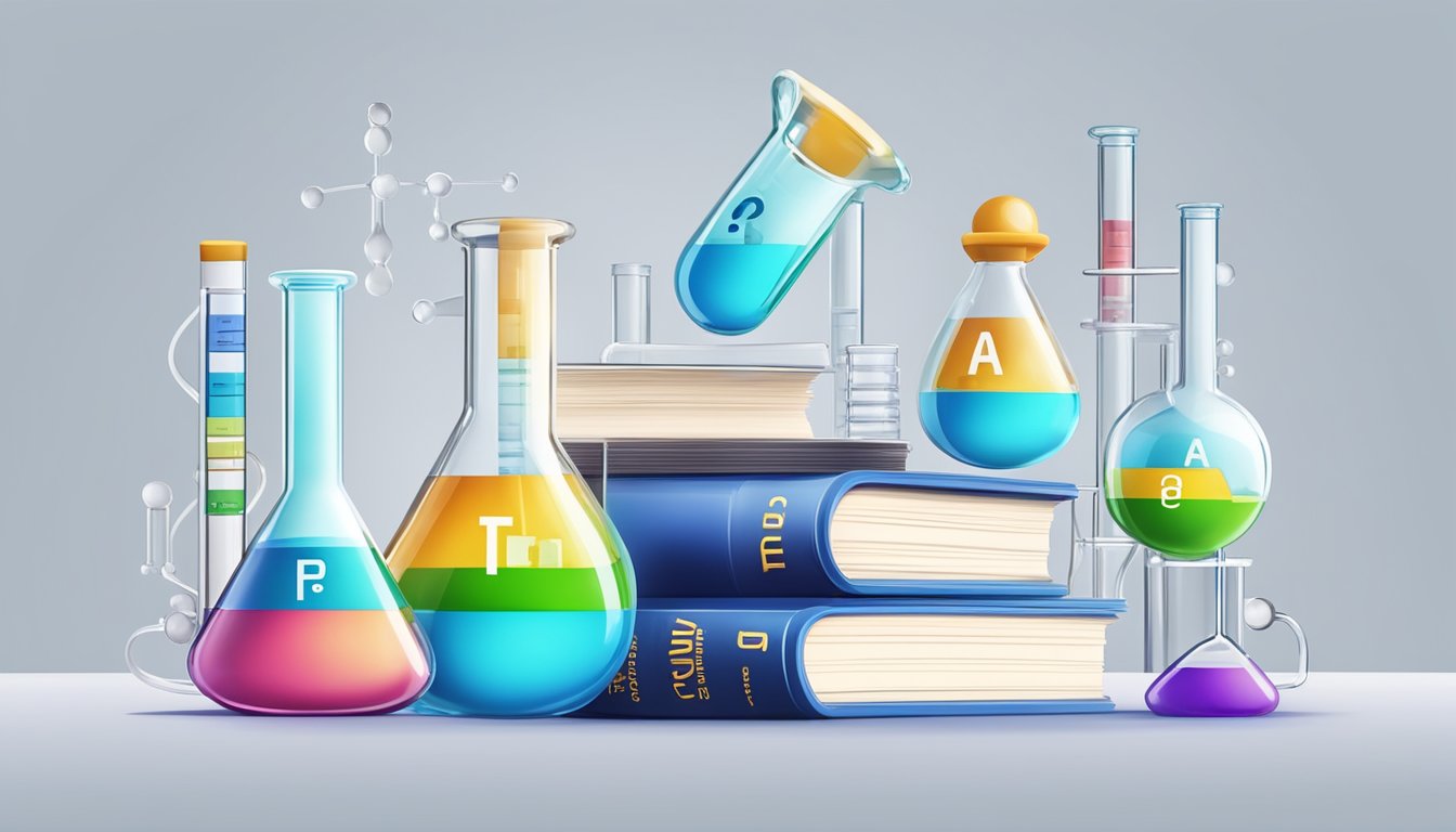 A stack of chemistry textbooks with a "Frequently Asked Questions" banner, surrounded by beakers, test tubes, and chemical formulas