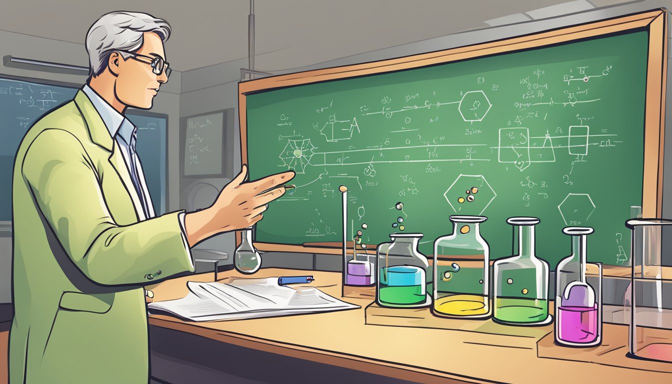 A chemistry tutor explains concepts using visual aids in a classroom setting