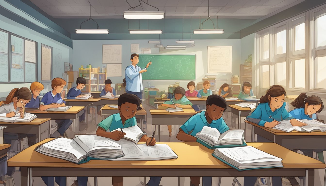 A classroom filled with biology textbooks, microscopes, and charts. A teacher explains a concept while students take notes and participate in discussions