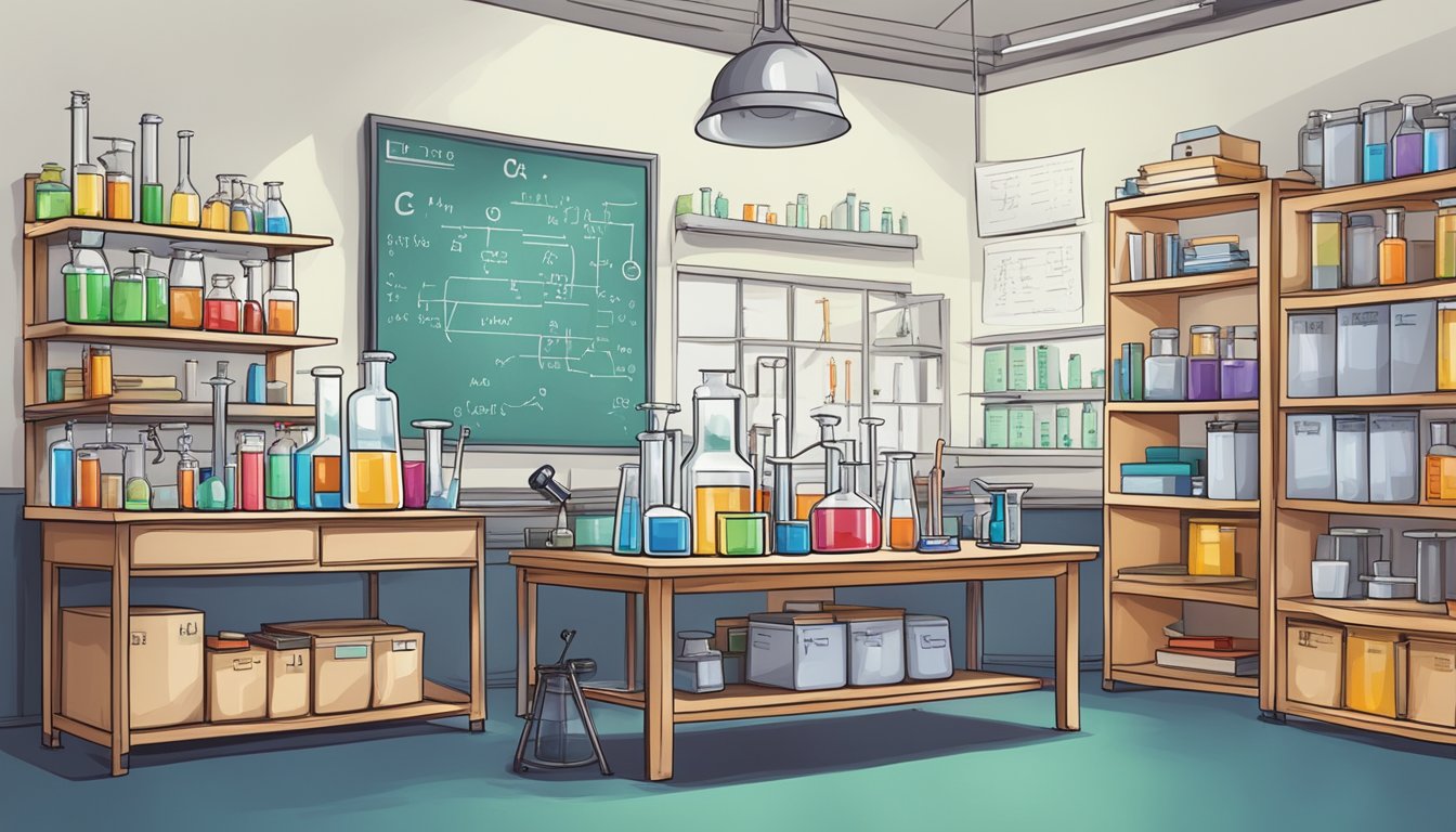 Making Sense of Chemistry Tuition: Tips for Singaporean Students A chemistry lab with equipment, books, and a whiteboard showing formulas and diagrams