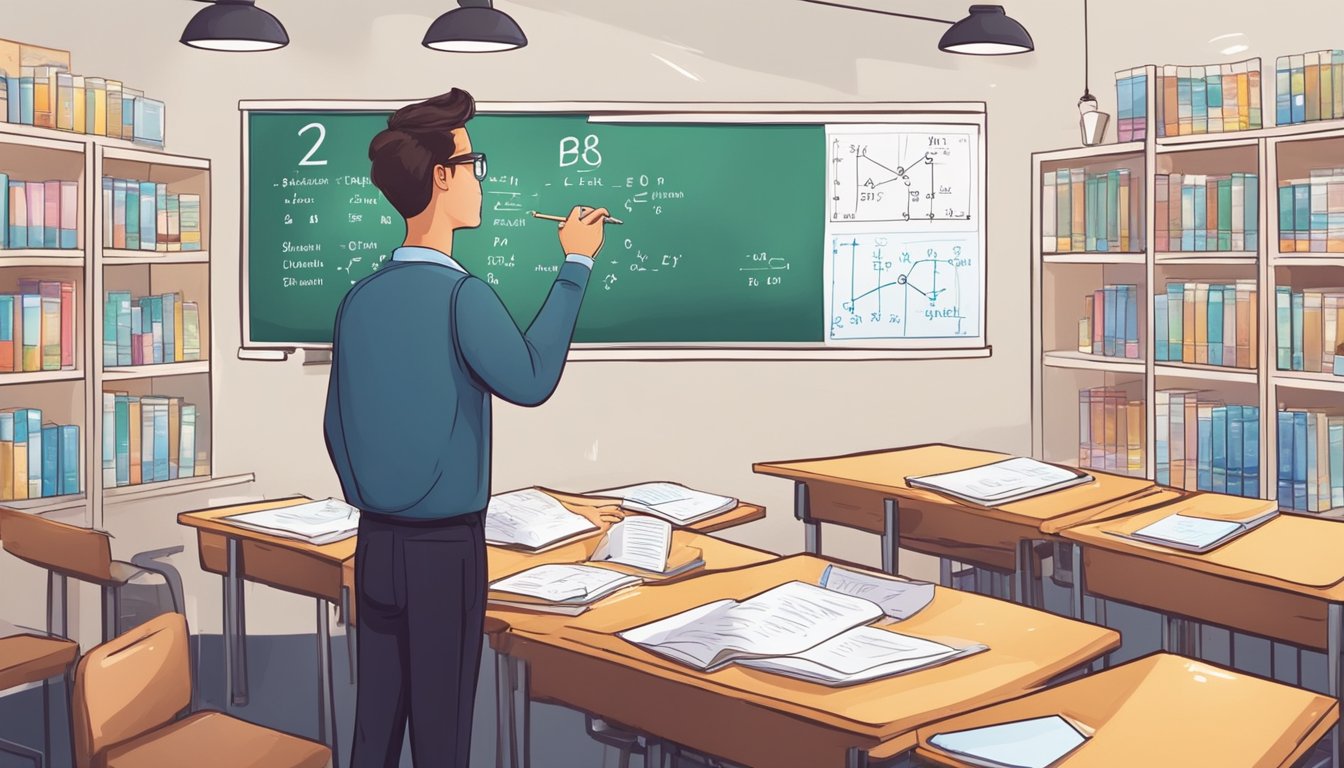 A student in a classroom, surrounded by textbooks, notes, and a periodic table. A tutor explains chemical concepts on a whiteboard