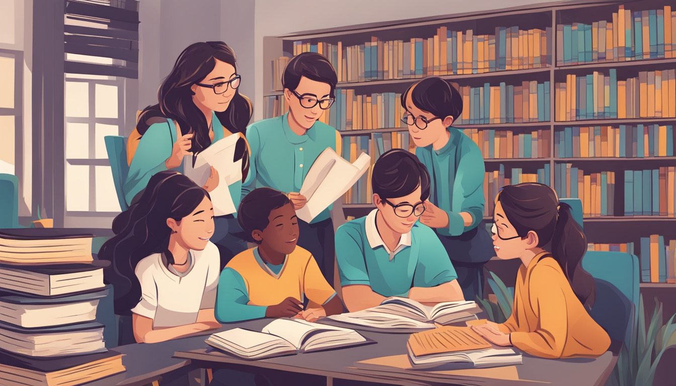 A group of students engage in p6 English tuition, surrounded by books and educational materials. The tutor leads the class in a lively discussion