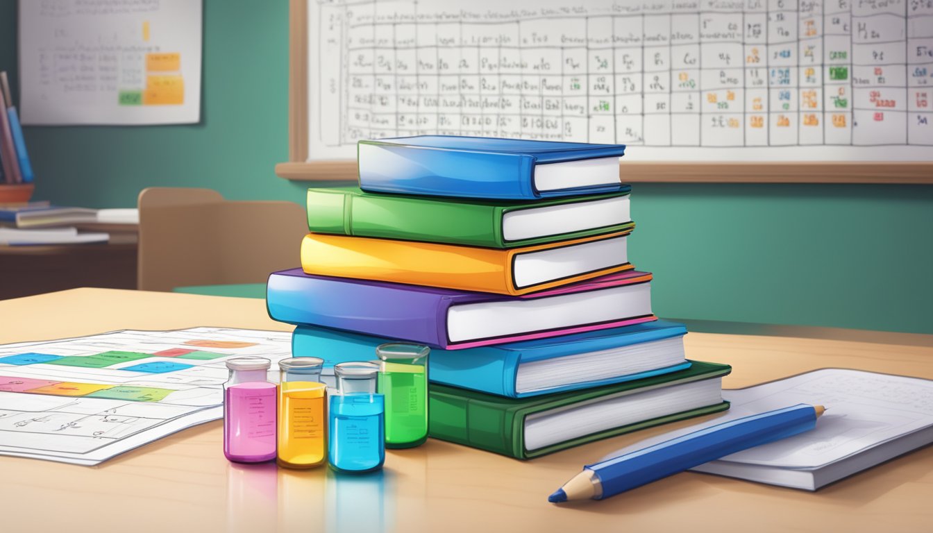 Making Sense of Chemistry Tuition: Tips for Singaporean Students A stack of textbooks and a periodic table on a desk, with a whiteboard covered in chemical equations and diagrams in the background