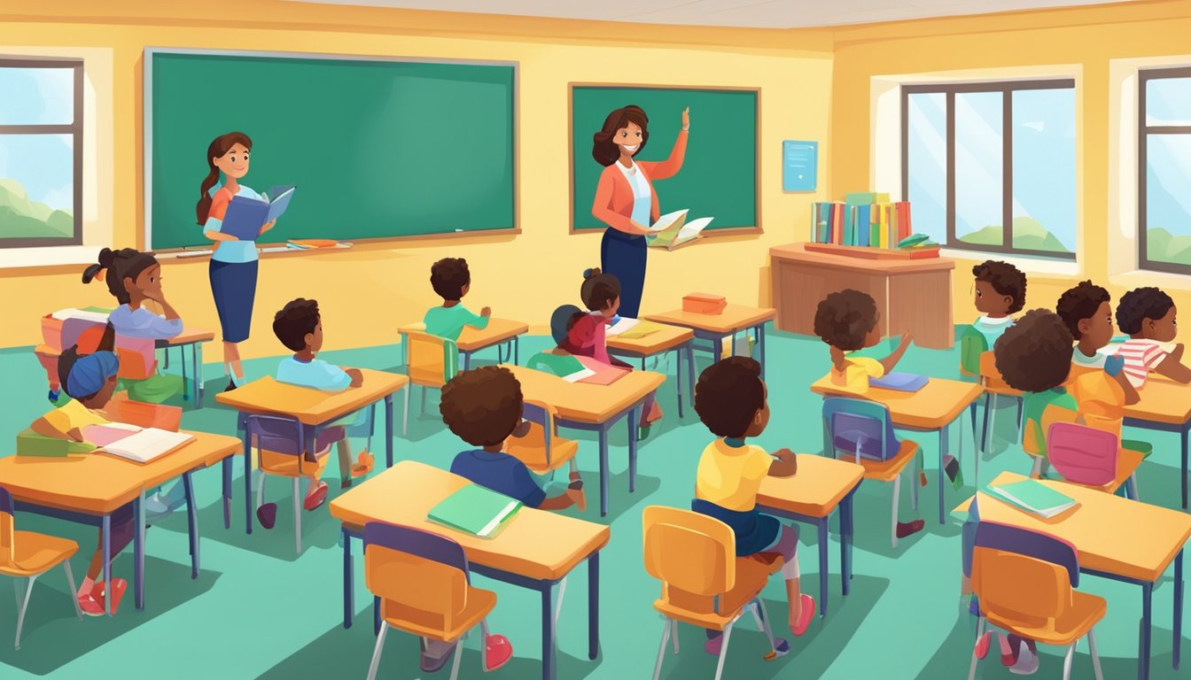 A classroom filled with colorful educational materials and small desks, with a teacher leading a group of young children in learning activities