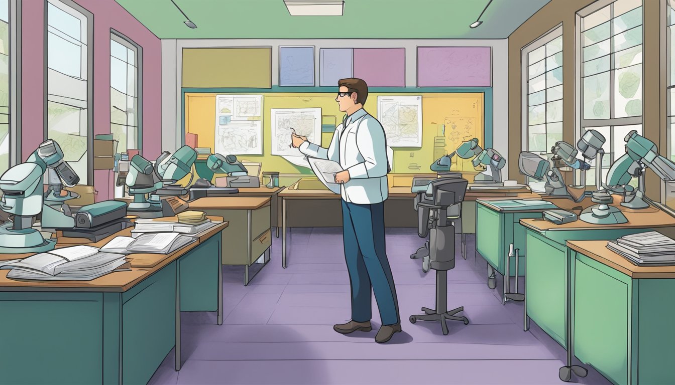 A classroom filled with biology textbooks, microscopes, and diagrams on the walls. A teacher stands at the front, pointing to a diagram of the cell