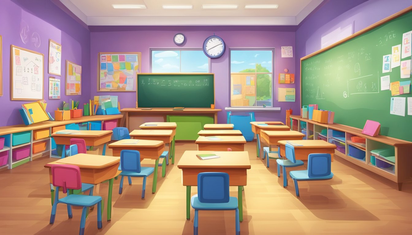 A colorful classroom with small desks and chairs, educational posters on the walls, and a teacher