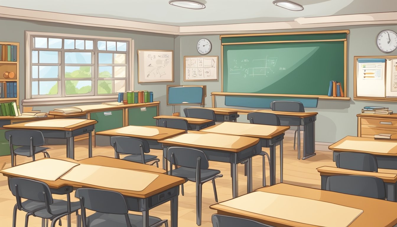 A classroom with desks, a whiteboard, and English textbooks. A tutor teaches English fundamentals to students