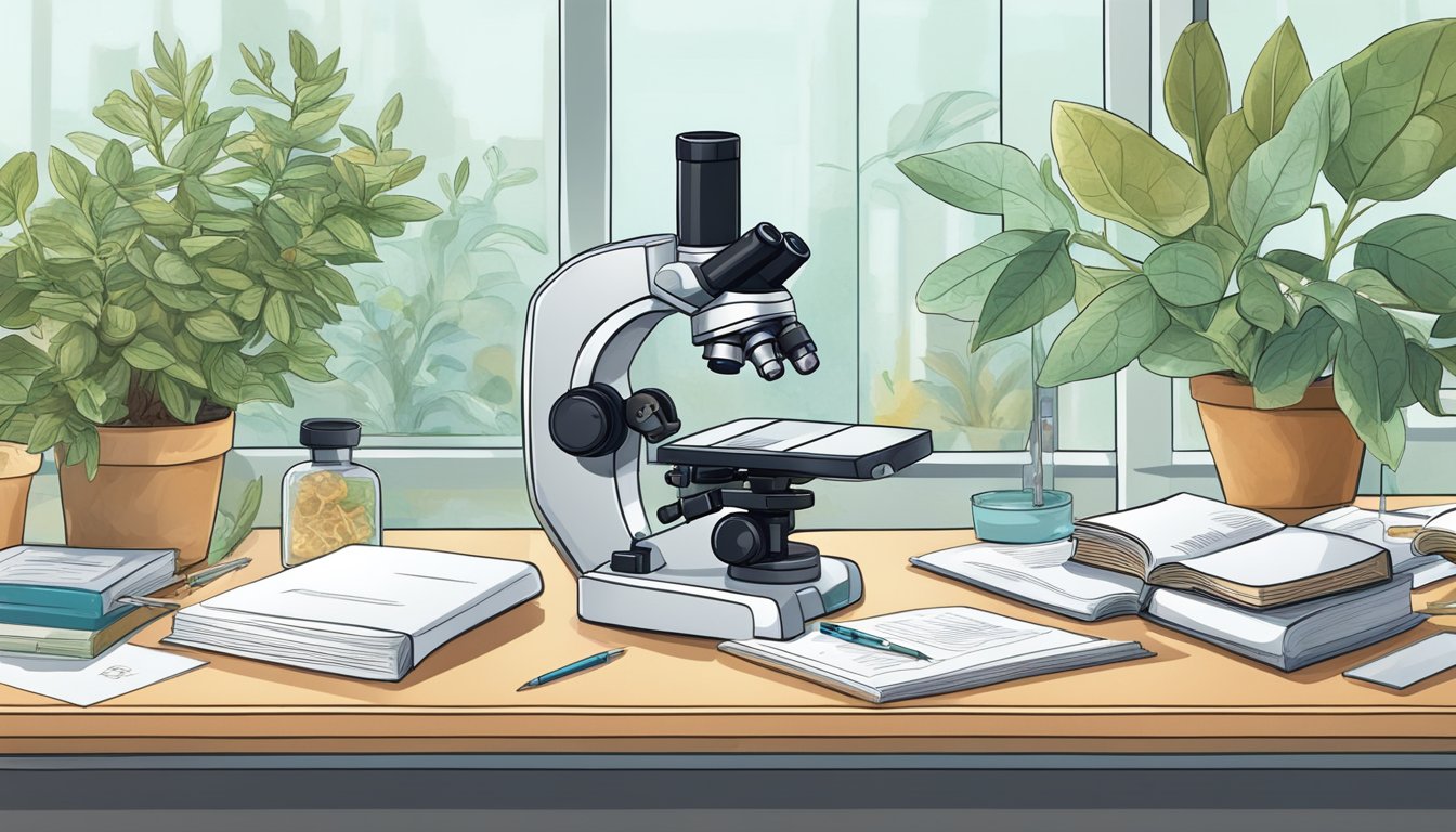 A microscope and textbook sit on a desk, surrounded by charts and diagrams. A plant specimen is carefully dissected on a lab tray