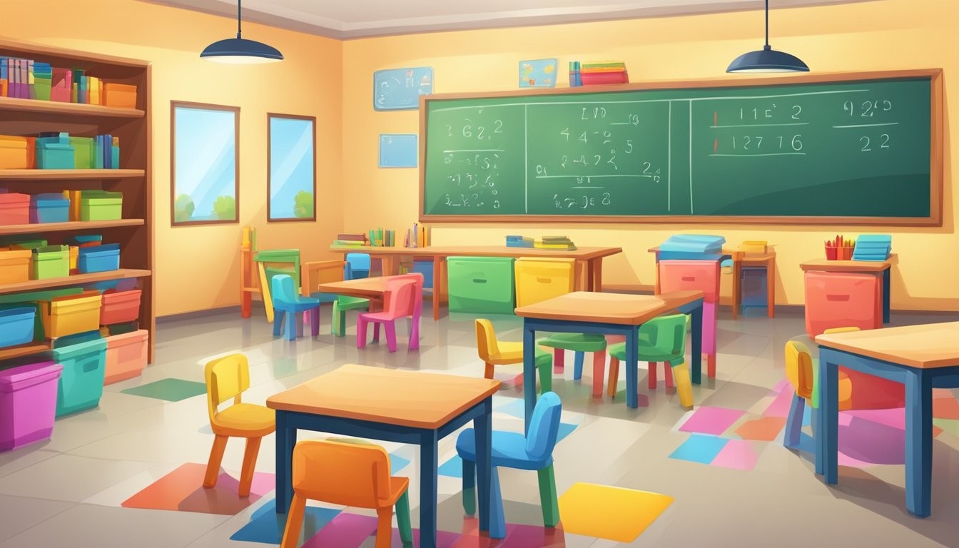 A colorful classroom with small tables and chairs, educational posters on the walls, shelves with learning materials, and a whiteboard with math problems