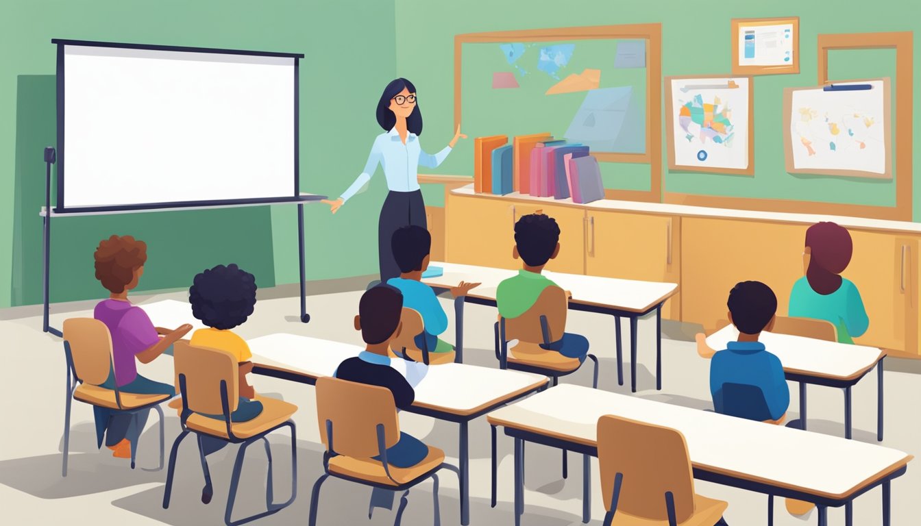 A classroom with a whiteboard, desks, and chairs. A teacher stands at the front, instructing, while students engage in discussions and activities