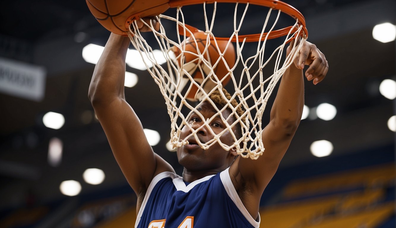 A person attaches the hoop to the backboard, secures the net, and paints the lines on the court