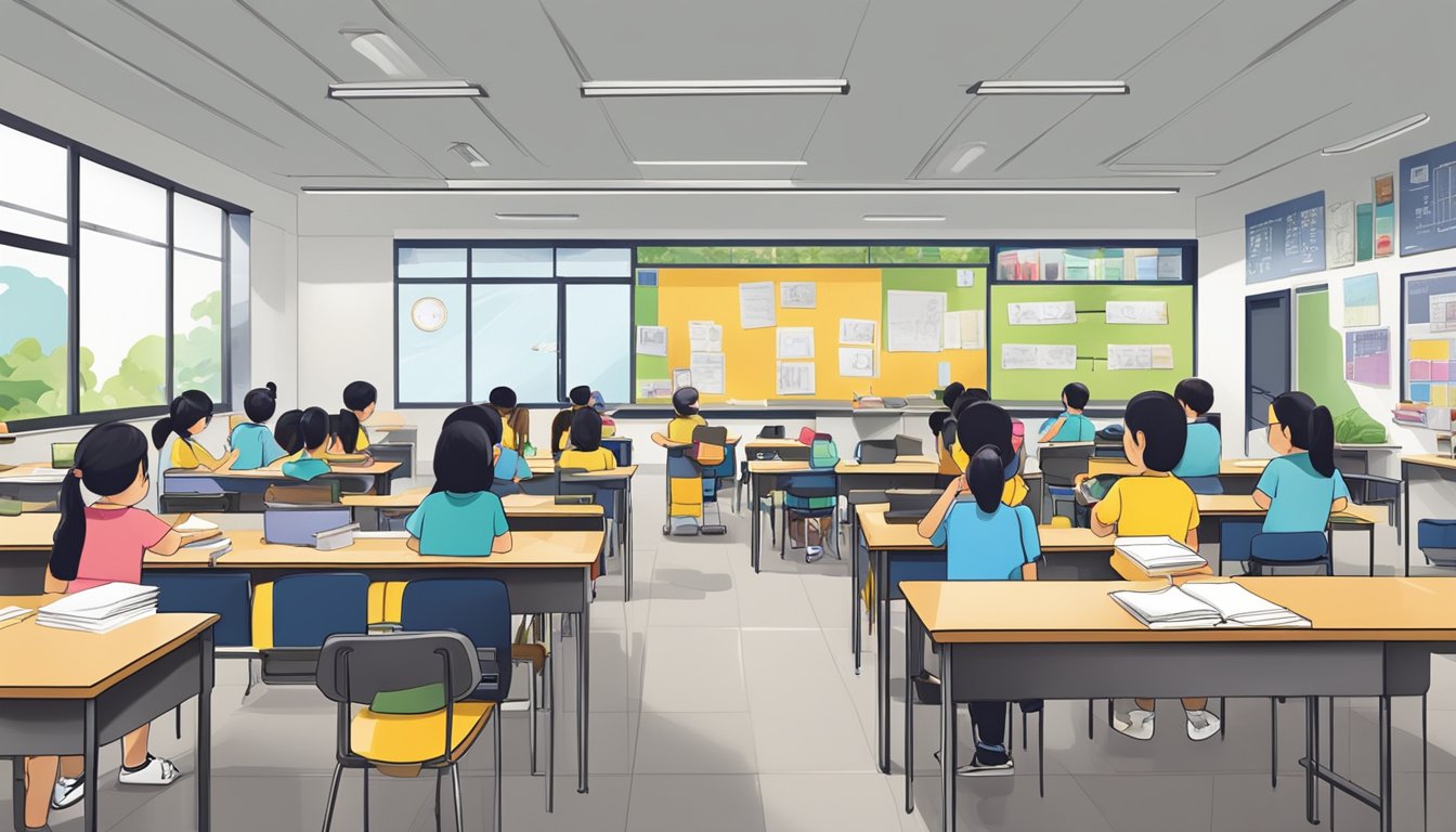 A bustling tuition centre in Jurong West, with students studying and teachers instructing in various classrooms