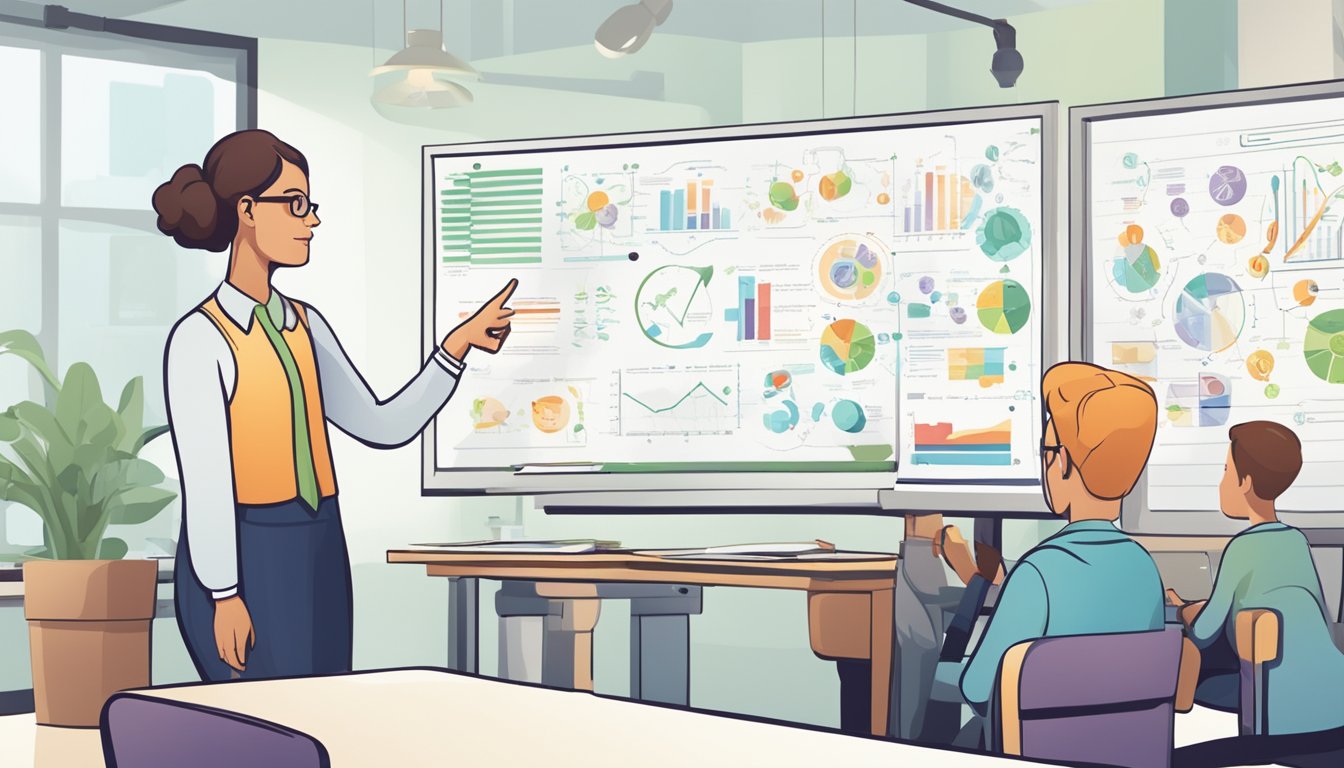 A teacher pointing to a whiteboard with "Frequently Asked Questions" written on it, surrounded by biology-related diagrams and charts