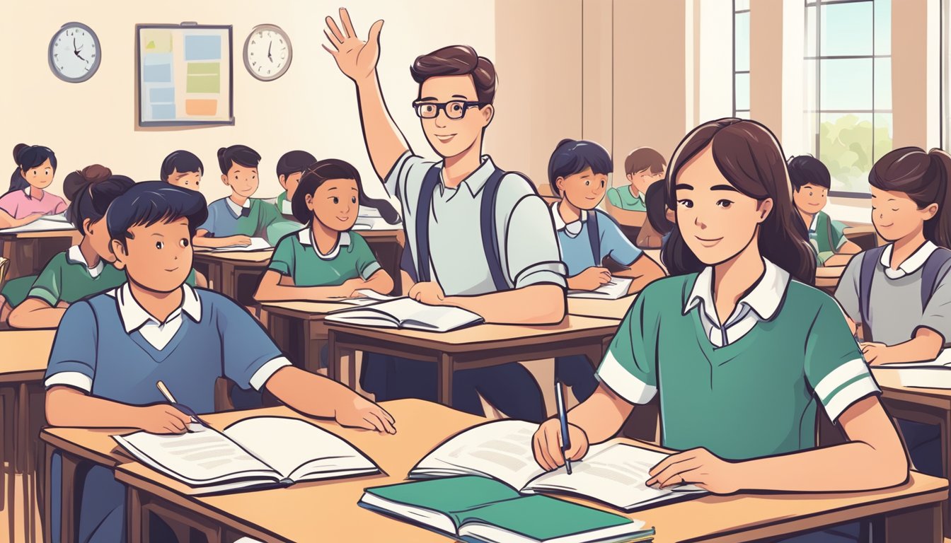 A student raises hand in English tuition class, teacher points to FAQ page on p6 of textbook