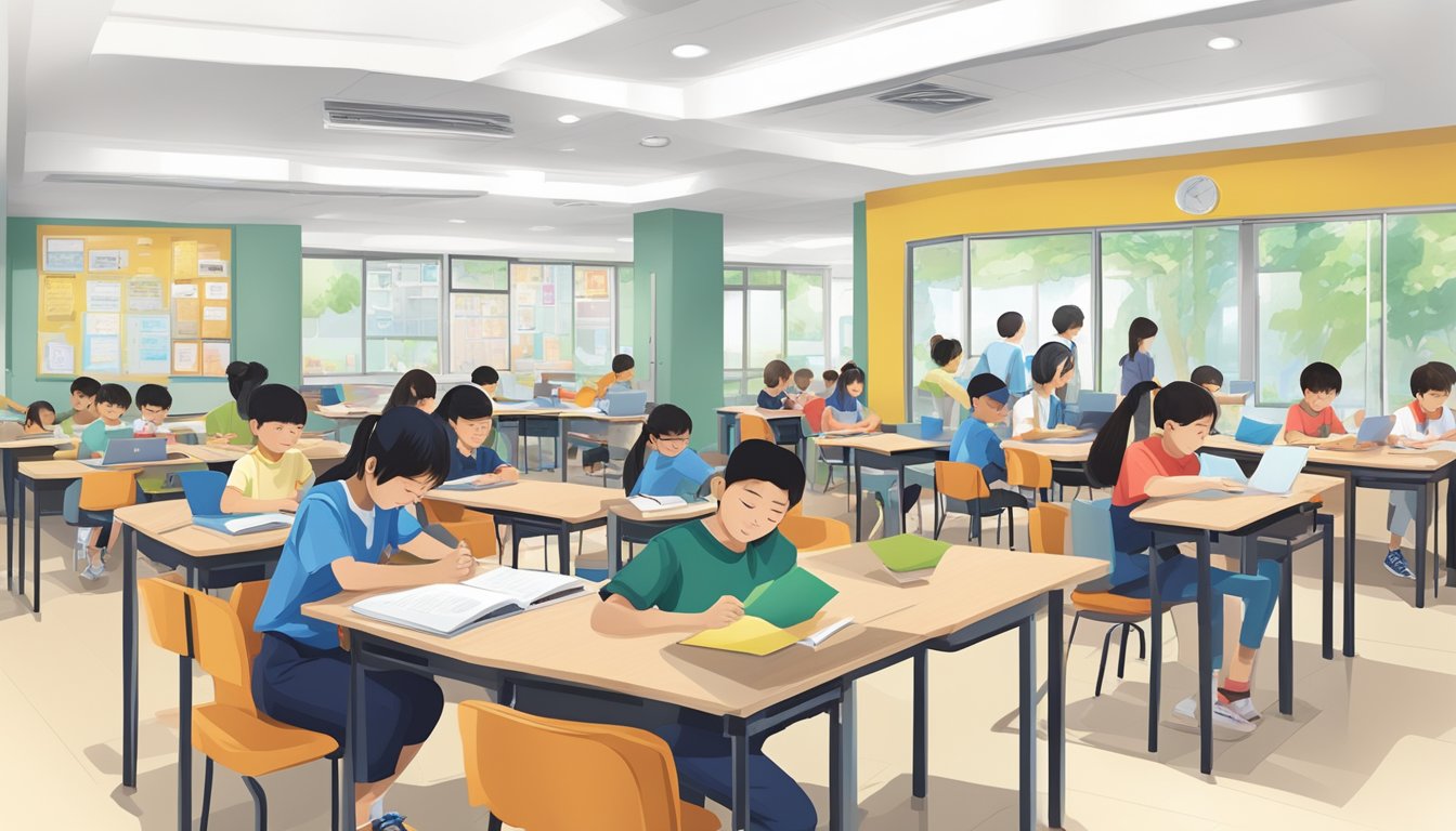 Students exploring Kent Ridge Tuition Centre in Jurong West, surrounded by study materials and engaged in learning activities