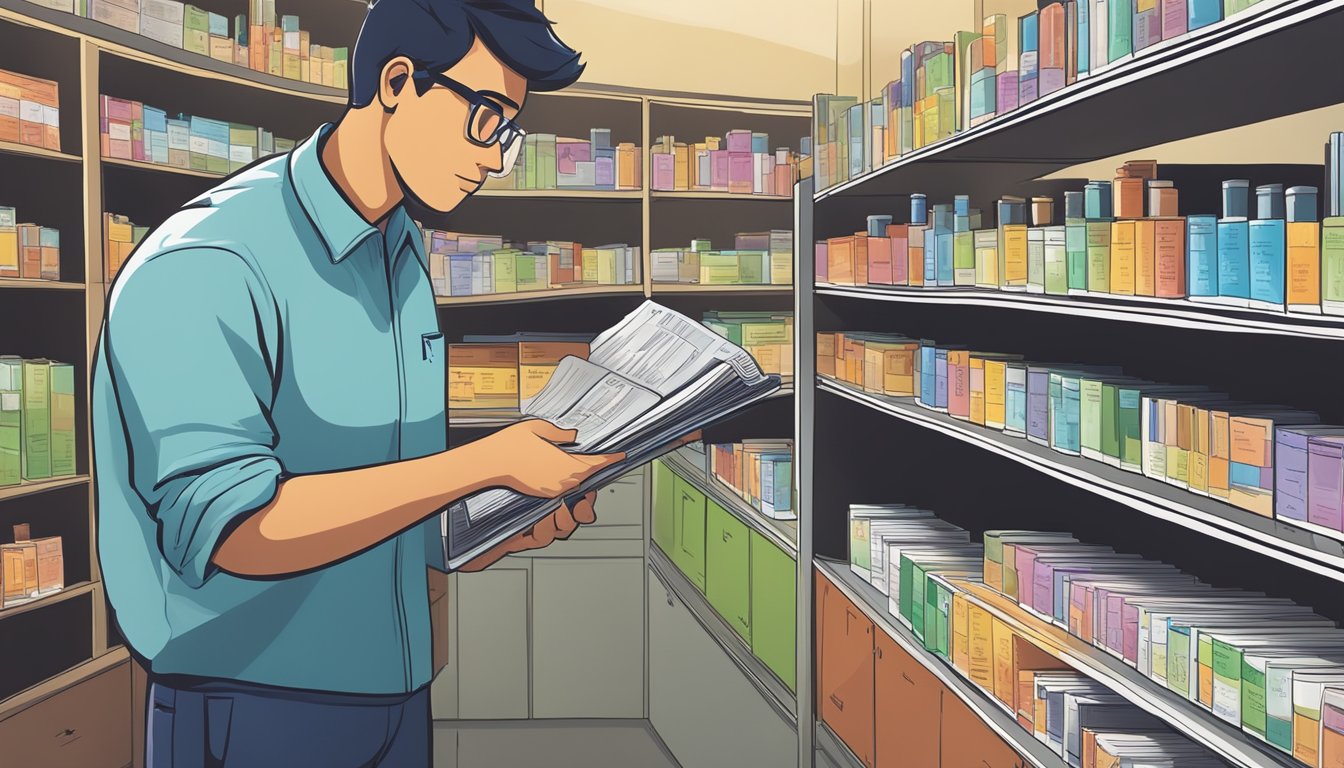 A student carefully selects a chemistry textbook from a shelf, while a tutor points to a periodic table on the wall