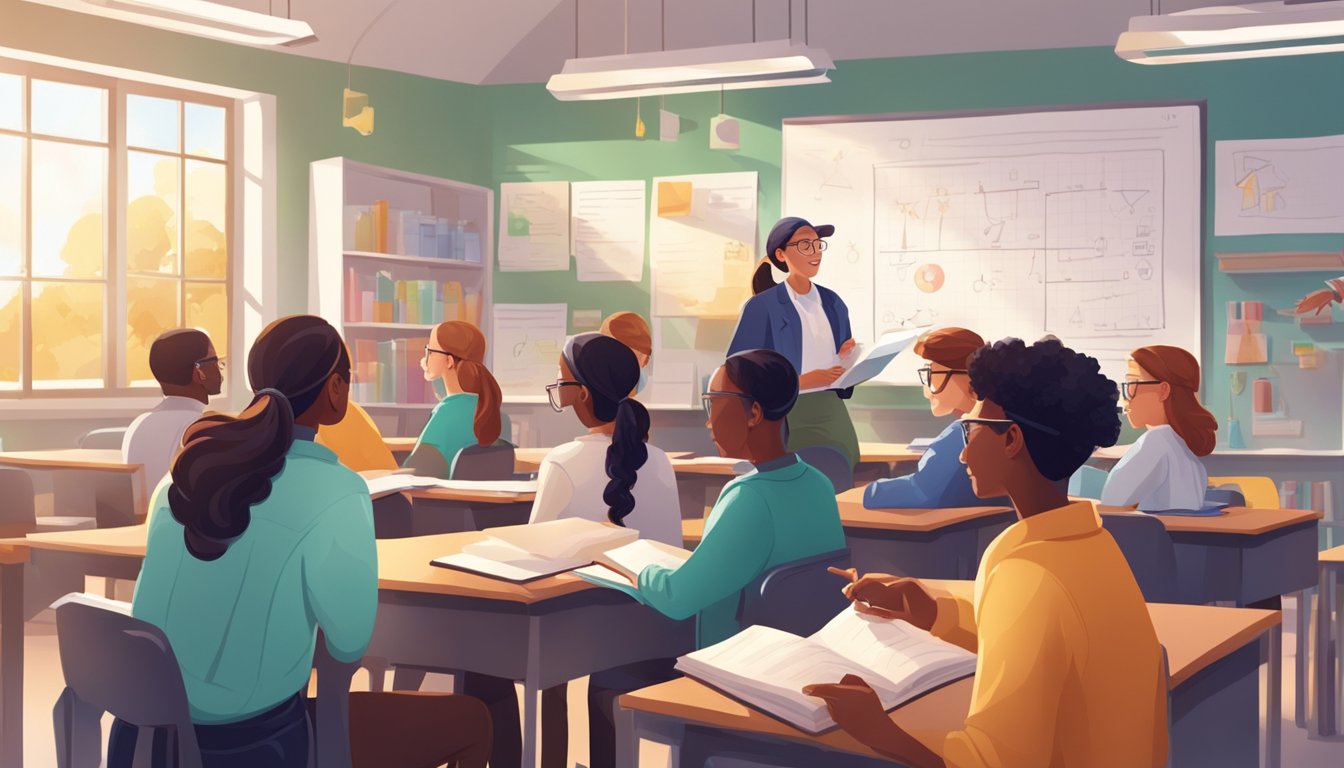 Students eagerly engage with a chemistry tutor, asking questions and taking notes in a bright, modern classroom setting