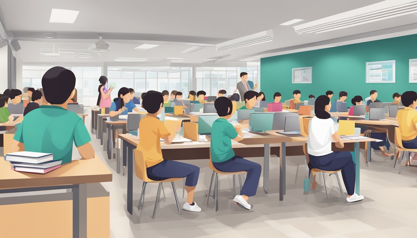 A bustling tuition centre in Jurong West, with students and parents asking questions at the front desk