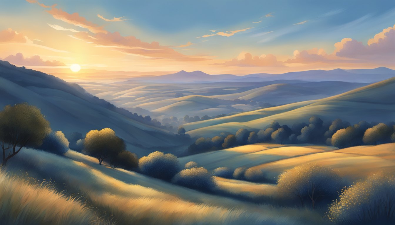 A serene indigo sky overlooking a tranquil goldhill, with the soft glow of the sun setting in the distance