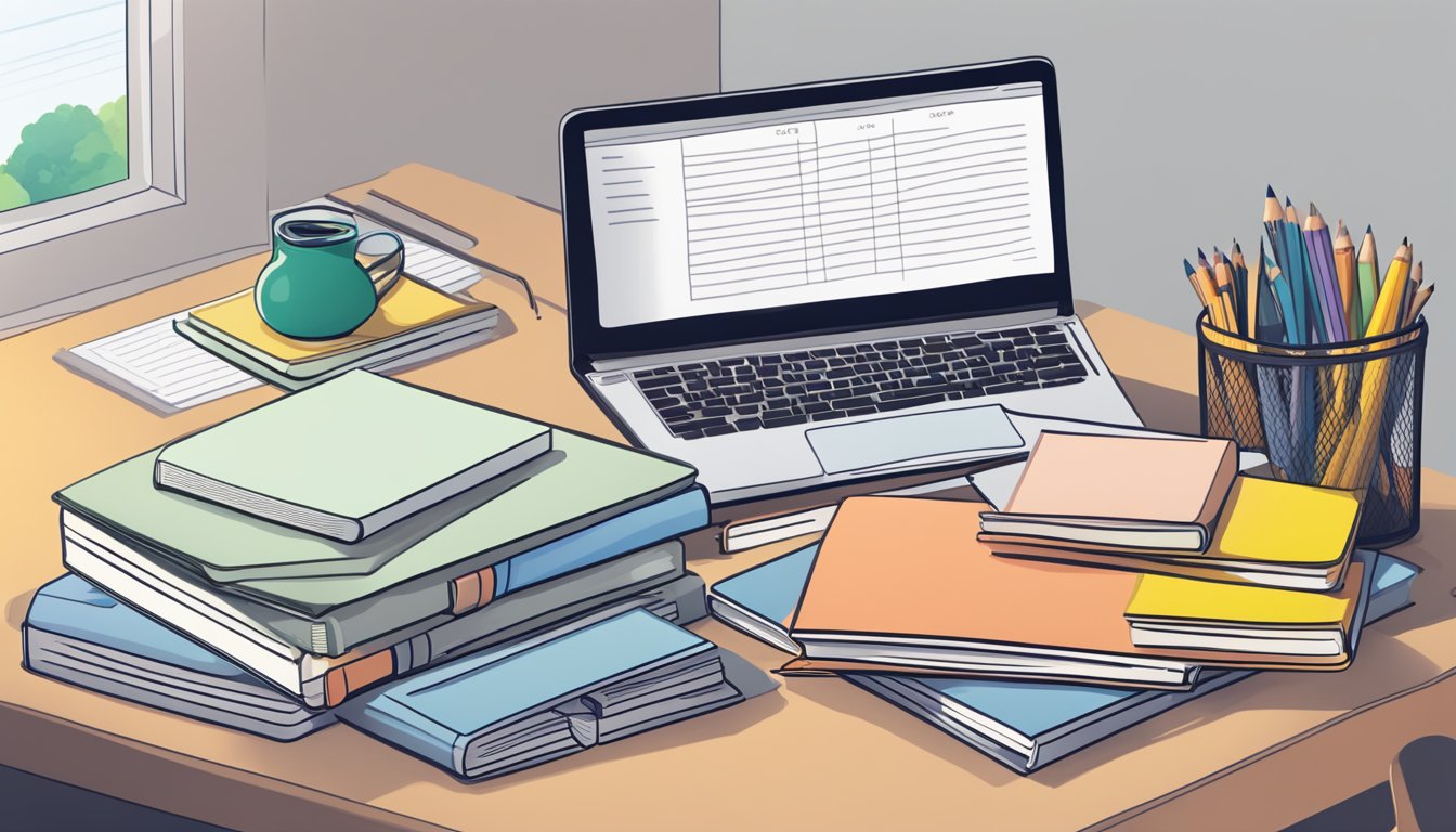 A stack of textbooks and a calculator sit on a desk, with a laptop open to a college website. A pencil and notebook are nearby