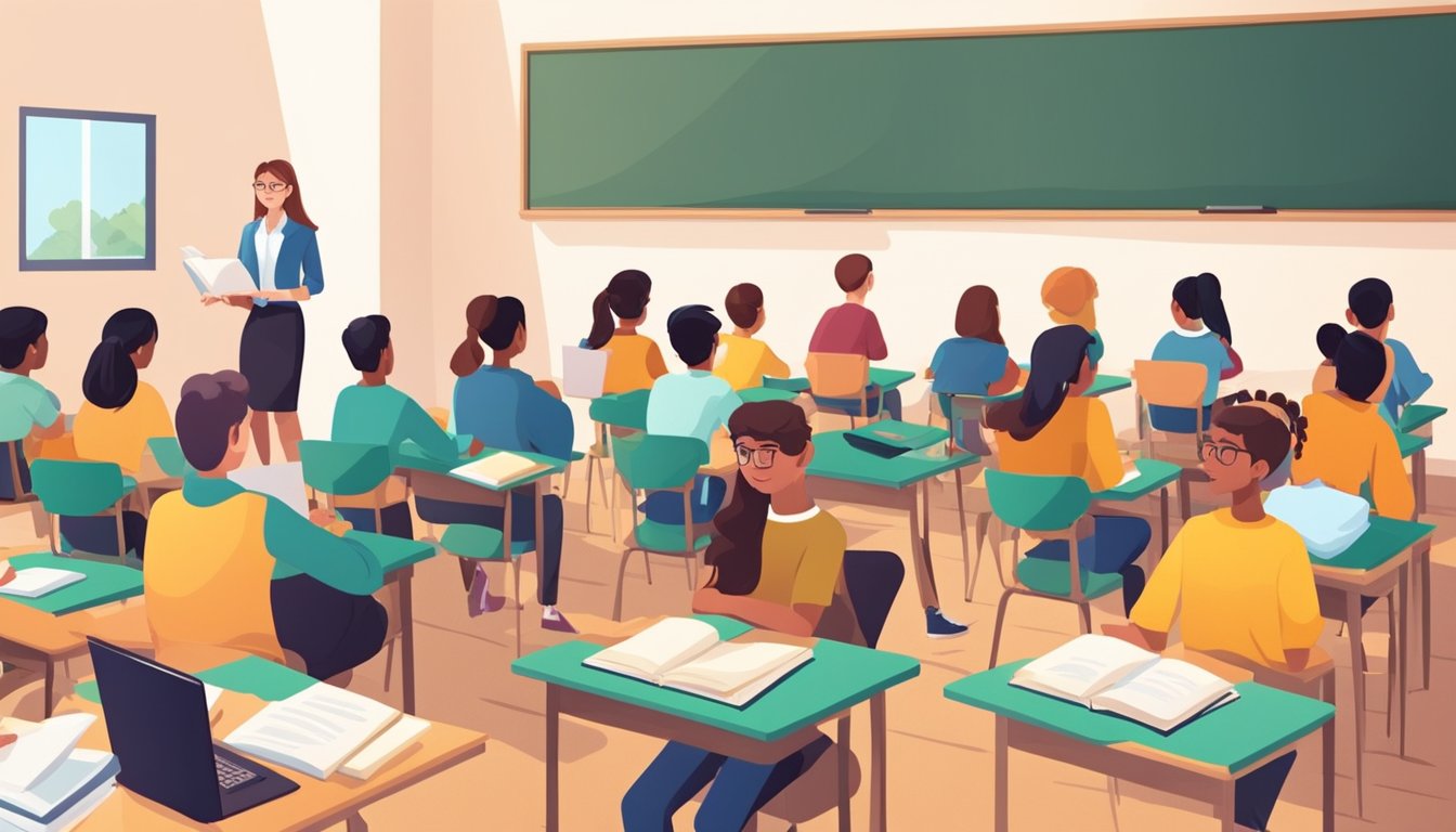 Students sitting in a classroom, listening to a teacher explain concepts. Textbooks and notebooks are open on desks. Posters on the walls display educational information