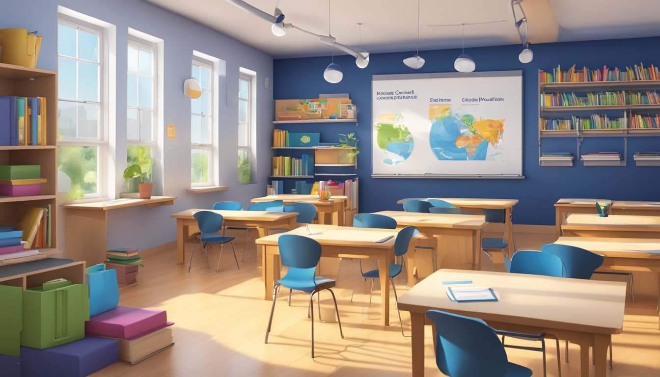 A bright, modern classroom with the logo "Indigo Tuition Goldhill Programmes" displayed prominently on the wall. Books, desks, and educational materials are neatly organized throughout the space