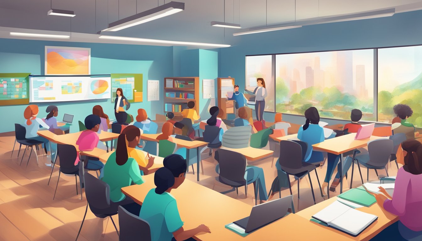 Students engaged in interactive learning, utilizing advanced technology and modern teaching methods in a vibrant and dynamic classroom setting