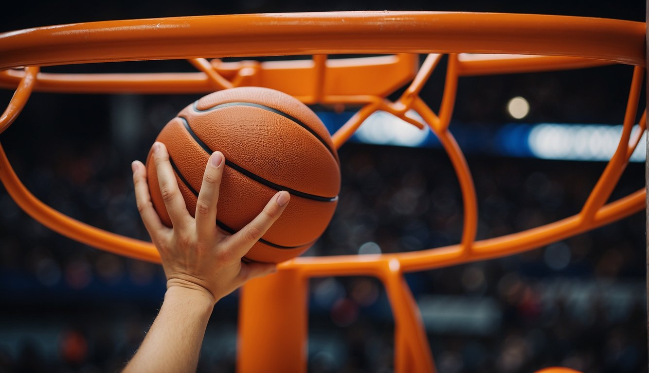 A hand paints the basketball ring with a fresh coat of bright orange paint