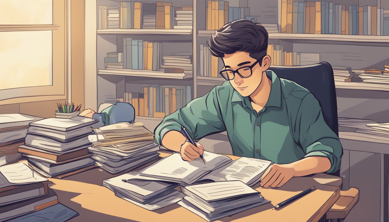 A student sits at a desk, surrounded by textbooks and notes. A pencil and calculator lay nearby, as the student carefully reviews their tuition material