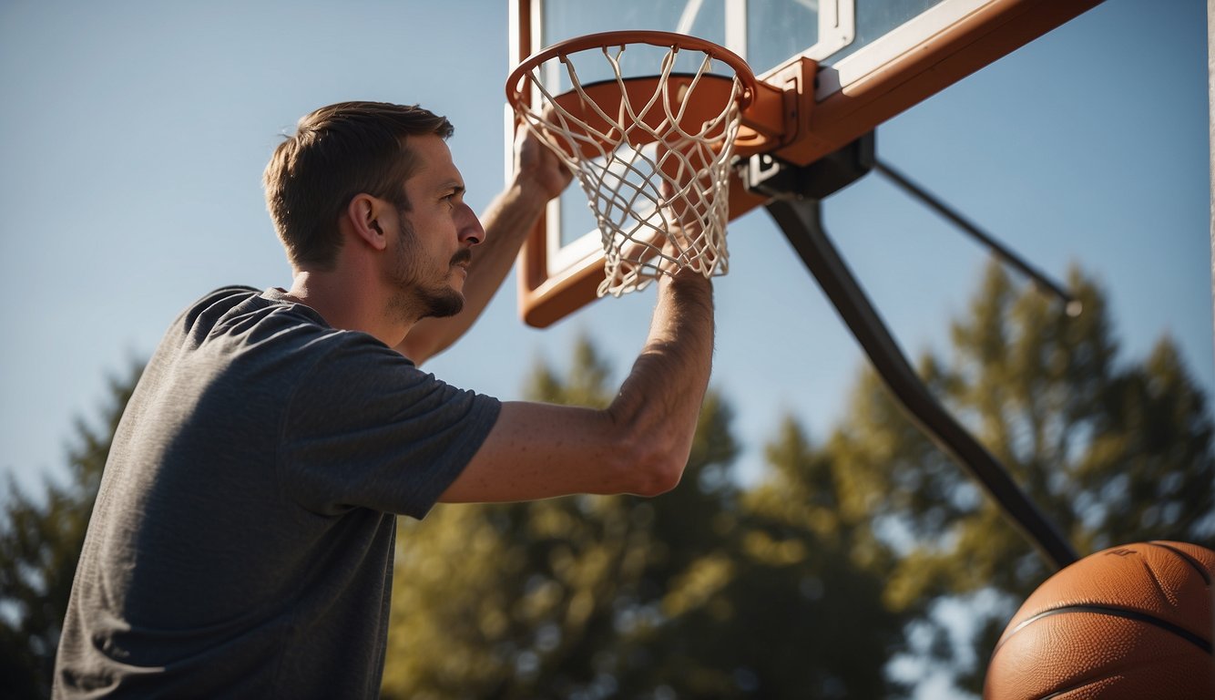 A person using a wrench to tighten the bolts on a basketball ring attached to a backboard, ensuring it is secure and ready for use