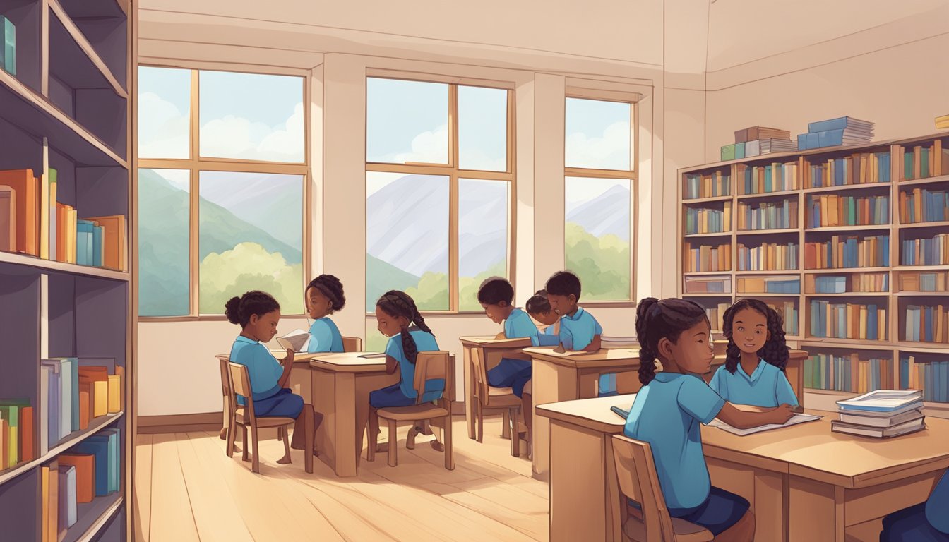A serene classroom at Indigo Tuition Goldhill, with students engaged in academic activities. Books and educational materials are neatly organized on shelves