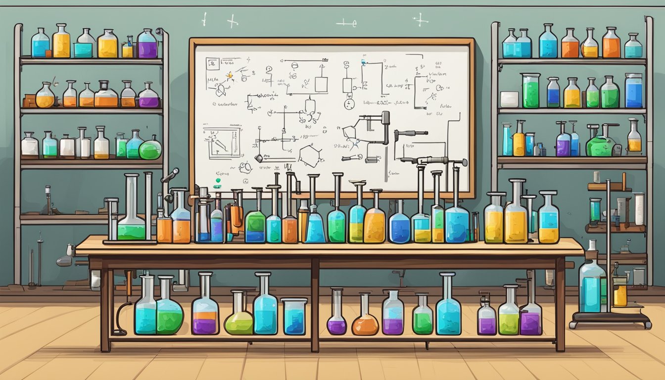 A chemistry lab filled with equipment, beakers, and test tubes. A whiteboard displaying complex chemical equations. Books and study materials scattered on the table