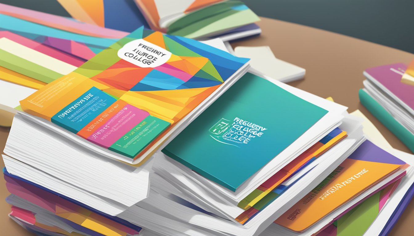 A stack of colorful brochures on a desk, with "Frequently Asked Questions" and "Junior College Tuition Singapore" prominently displayed