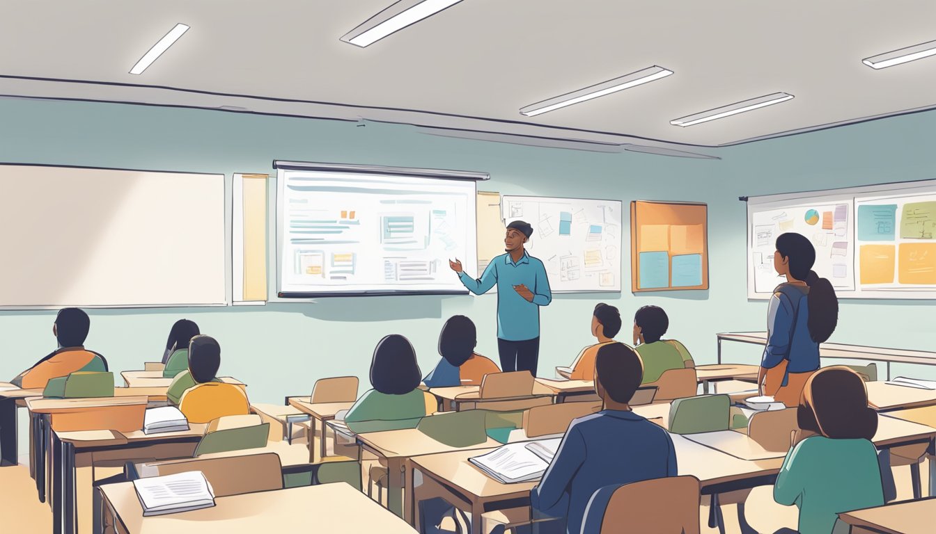 A classroom with students and a lecturer discussing the MICPA Programme Overview. Books, whiteboard, and study materials are visible
