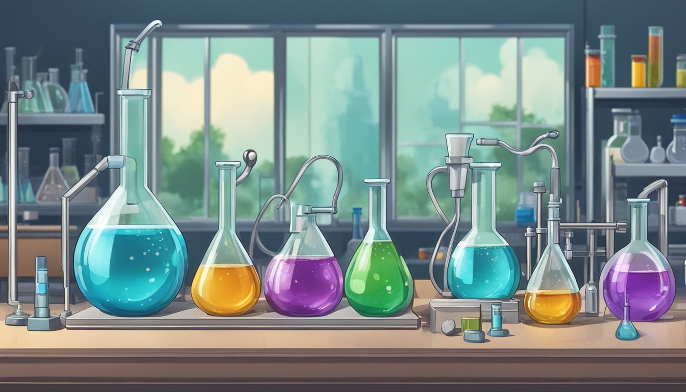 A bubbling flask sits on a lab bench, surrounded by test tubes and beakers. The room is filled with the hum of scientific instruments and the faint smell of chemicals